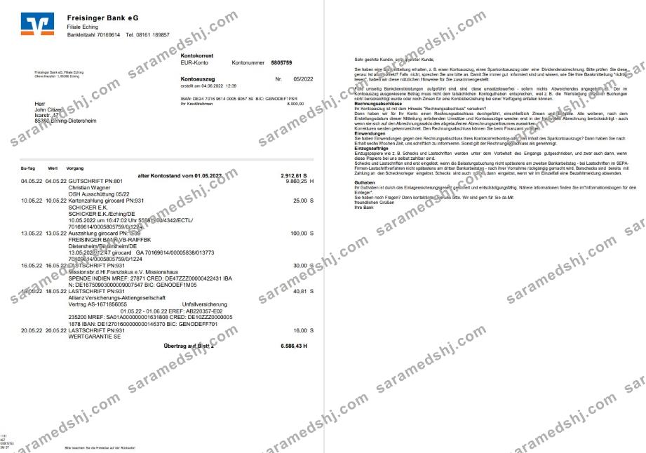 Germany Freisinger Bank eG statement 2 pages